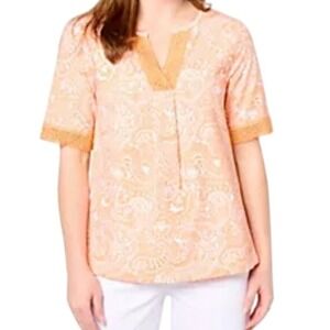 Issac Mizrahi Live Blouse Woman Medium Orange White Paisley Crochet Short Sleeve